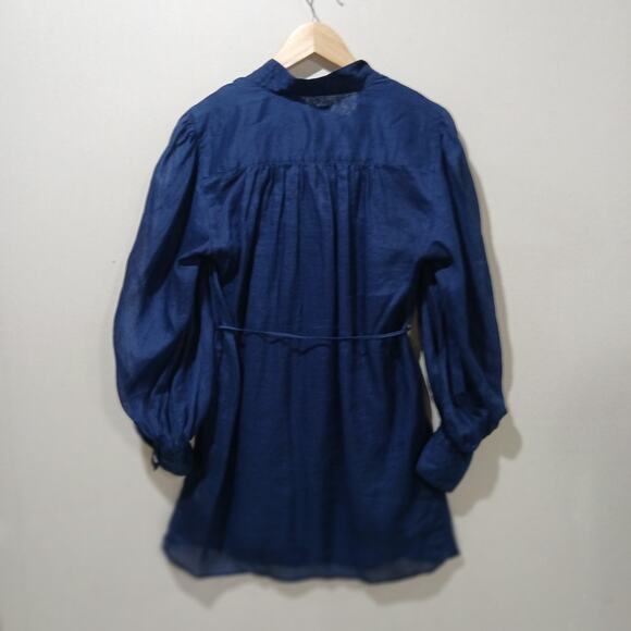 Banana Republic Dress Womens Large Blue Long Sleeve Soft Shirred Ramie Buttons - Picture 2 of 13